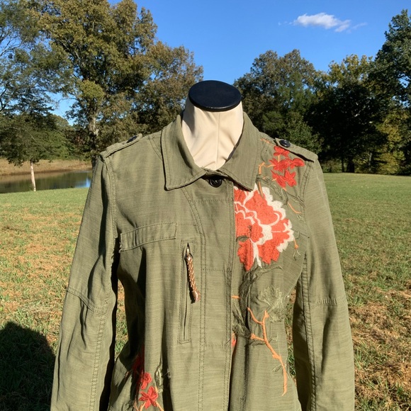 Anthropologie Hei Hei Floral Embroidered Field Utility Military  Green Jacket M - Picture 2 of 10